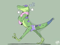 1boy anthro casual_erection closed_eyes clothed clothing digital_media_(artwork) erection erection_under_clothing gecko gex_(series) gex_the_gecko green_body lizard male male_only purple_underwear reptile scalie signature simple_background sodacaps solo tail towel towel_around_neck underwear walking wet