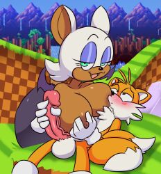 1boy 1boy1girl 1girls age_difference bat blush breastfeeding fox gloved_handjob green_hill_zone handjob large_breasts nursing nursing_handjob older_female rouge_the_bat sega sonic_(series) sonic_the_hedgehog_(series) tails younger_male