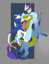 anthro ass avian balls beak big_penis bird blue_body claws collar duo erection feathers feet genitals hi_res humanoid_genitalia humanoid_penis male male/male mordorinka muscular nude original_character penis scalie sergal simple_background vreta white_body