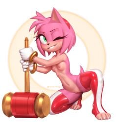 1girls 4_toes 5_fingers amy_rose belly_button ears_up female female_only fit fit_female green_eyes hammer hedgehog hi_res highres nipples nude on_knee pink_body pussy ring_(jewelry) simple_background small_breasts smile solo sonic_(series) stockings tail twitter_username two_tone_body two_tone_stockings w4g4 white_gloves white_sclera wink