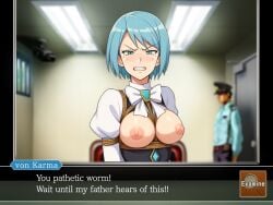 1girls ai_generated angry blue_eyes blue_hair blurry blush bondage bound breasts breasts_out brooch capcom clenched_teeth cranpeach fake_screenshot female franziska_von_karma frustrated glaring gyakuten_saiban indoors jewelry karuma_mei looking_at_viewer medium_breasts mole mole_under_eye nipples puffy_sleeves rope scowl shibari_over_clothes short_hair stable_diffusion teeth