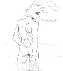 anthro ass backsack balls english_text looking_at_viewer monochrome naughty_black_bunny nude rabbit sketch smile tail water