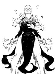 1boy 1girls ass black_dress confusion curly_hair dress female forced hand_on_head hugging ireading ireading62 manga monochrome one-punch_man saitama see-through tatsumaki telekinesis thighs