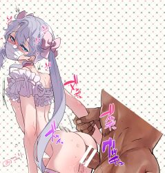 2boys anal arm_grab ass bangs bare_shoulders blue_eyes blush bow censored choker closed_mouth crossdressing dark-skinned_male dark_skin doggy_style erection femboy frills full_body garter_straps grey_hair hair_between_eyes hair_ribbon hairbow holding_another's_arm hyuga_ryght jewelry karl_friedrich_howzer_(phantasy_star_universe) lolita_fashion long_hair male_focus mask miniskirt motion_lines mouth_mask multiple_boys nipples nose_blush otoko_no_ko penis phantasy_star phantasy_star_universe pink_bow pink_choker pink_ribbon ribbon sex short_sleeves skirt sound_effects surgical_mask sweat sweatdrop trembling twintails yaoi yuriko2755