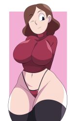 abysswatchers brown_hair hilda_(series) johanna_(hilda) large_breasts legwear light-skinned_female navel pale-skinned_female red_sweater smile smiling thick_thighs thighhighs thong voluptuous voluptuous_female wink