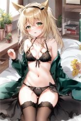 1girls 2020s 2023 ai_generated animal_ear_fluff animal_ears arknights bare_arms bare_shoulders bed bedroom belly black_panties black_underwear blonde_hair blush cleavage dog_ dog_ears dog_girl dress green_eyes jacket jacket_removed legwear lingerie long_hair midriff open_mouth panties podenco_(arknights) sitting solo stomach thighhighs thighs underwear