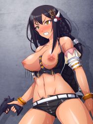 against_wall artist_request black_hair boob_out breasts dark-skinned_female dark_skin gun medium_breasts pawoo sweat yellow_eyes