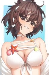 1girls 2020s 2023 animal_ears arknights bare_arms bare_shoulders bikini braid breasts brown_eyes brown_hair choker cleavage collarbone grin hair_between_eyes highres large_breasts looking_at_viewer messy_hair off_shoulder radioneet roberta_(arknights) short_hair smile smiling solo swimsuit teeth upper_body