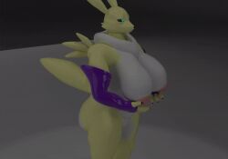 3d_(artwork) animated anthro armpits ass bandai_namco big_breasts black_sclera breasts canid canine canis clothing digimon digimon_(species) digital_media_(artwork) female fur genitals highyenaarts mammal neck_tuft nipples nude renamon shaking_breasts simple_background solo tuft white_body white_fur yellow_body yellow_fur