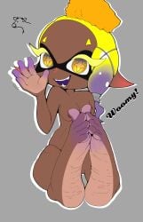 big_feet dark-skinned_female dark_skin dummycervine feet feet_together foot_fetish frye_(splatoon) nude pov_eye_contact splatoon splatoon_(series) splatoon_3 squid_girl two_tone_feet waving_at_viewer wrinkled_feet