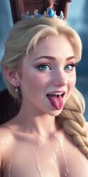 1girls ai_generated blonde_hair blue_eyes cum_on_chest cum_on_face disney disney_princess elsa_(frozen) female frozen_(film) simulacra tongue_out