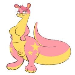 ambiguous_species animal_genitalia anthro balls breasts eyewear featureless_breasts fully_sheathed fur futanari genitals glasses gynomorph hi_res intersex labbit1337 mammal pink_body pink_fur sheath solo yellow_body yellow_fur