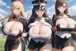 3girls ai_generated blonde_hair brown_hair cleavage female female_only huge_breasts marching_band_uniform original_character skirt thick_thighs