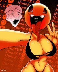 1girls 2d big_breasts black_bra black_panties black_sclera breasts cleavage collarbone emoji emoji_(race) fangs female friday_night_crunchin friday_night_funkin ifu_(friday_night_crunchin) ifunny long_tongue looking_at_viewer open_mouth outstretched_arm peace_sign pogchamp poggers red_eyes selfie selfie_pose teeth tongue_out trolljak upper_teeth upper_teeth_only v_sign wojak yellow-skinned_female yellow_body yellow_skin