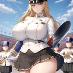 ai_generated blonde_hair huge_breasts marching_band_uniform original_character skirt smiling thick_thighs