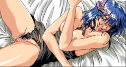 1girls bed bed_sheet black_dress black_panties blue_hair breasts breasts_out censored dress game_cg large_breasts looking_at_viewer miyata_yukimi on_back on_bed open_mouth panties pixel_art pubic_hair pussy reine_(toushin_toshi) short_hair solo toushin_toshi toushin_toshi_ii