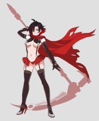 1girls black_and_red_hair breasts cosplay crescent_rose female female_only fully_clothed grey_background high_heels kill_la_kill light-skinned_female light_skin matoi_ryuuko_(cosplay) red_hair revealing_clothes rooster_teeth ruby_rose rwby scythe senketsu short_hair short_skirt silver_eyes sinccubi skimpy skimpy_clothes solo solo_female thighhighs weapon