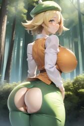 1girls aged_up ai_generated ass bianca_(pokemon) big_butt blonde_hair breasts bubble_butt butt butt_cutout dat_ass female game_freak glasses green_eyes hat huge_breasts huge_butt large_breasts light-skinned_female light_skin nintendo outdoors partially_visible_vulva pokemon pokemon_bw2 short_hair smile stable_diffusion thick_thighs voluptuous wide_hips