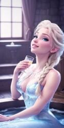 1girls ai_generated blonde_hair blue_eyes cum_bath cum_drinking disney dress elsa_(frozen) female frozen_(film) glass_of_cum simulacra smiling