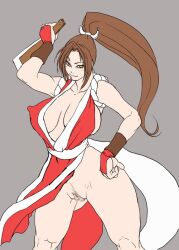 asian_clothing breasts brown_hair censored censored_pussy cleavage edit fatal_fury female female_only human king_of_fighters mai_shiranui picsart ponytail simple_background smug snk thighs unknown_artist