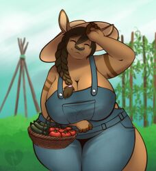 1girls anthro basket braided_hair breasts brown_fur brown_hair cleavage closed_eyes cucumber female female_focus female_only furry garden hips kangaroo large_breasts overalls sunhat sweat sweatdrop thick_thighs thighs tomato tyroo tyroo_(character) wide_hips