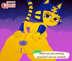 1girls animal_crossing ankha ankha_(animal_crossing) anthro anus ass bent_over blue_hair breasts butt dialogue domestic_cat english_text felid feline felis female female_only fur furry furry_only genitals hair half-closed_eyes hand_on_butt hi_res ike_marshall imminent_anilingus looking_at_viewer looking_back mammal nintendo nude presenting presenting_anus presenting_hindquarters profanity pussy solo spread_anus spread_butt spreading tail text yellow_body