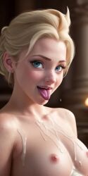 1girls ai_generated blonde_hair blue_eyes cum_on_breasts disney elsa_(frozen) female frozen_(film) simulacra tongue_out