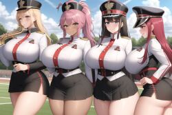 4girls ai_generated blonde_hair brown_hair female female_only huge_breasts marching_band_uniform original_character skirt thick_thighs