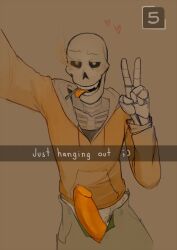 animated_skeleton blush bodily_fluids bone bottomwear cigarette cigarette_in_mouth clothed clothing english_text erection genital_fluids genitals gesture heart hi_res hoodie looking_at_viewer male male_only object_in_mouth open_bottomwear open_clothing open_pants orange_penis orange_tongue pants papyrus papyrus_(underswap) papyrus_au penis penis_out penis_through_fly poking_out precum precum_bead selfie skeleton solo solo_male text theyaois_(artist) tongue tongue_out topwear undead underswap undertale_au v_sign