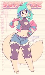 2023 anthro artist_name belt blue_eyes blue_hair boob_window character_age character_name crop_top daisy_dukes english_text fingerless_gloves freckles freckles_on_face furry height_chart jacket jacket_off_shoulders kurus_kururu leggings long_blue_hair long_hair ripped_leggings safe_for_work sfw small_breasts smile text watermark yumi_tae_(kurus)