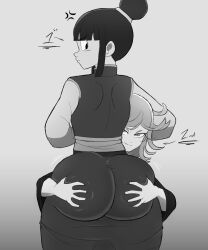 2girls ass ass_grab ass_in_dress big_ass cheating_wife chichi crossover dragon_ball female female_only grey_background hands_on_ass metalsplinter milf monochrome netorare ntr one-punch_man smug_face tatsumaki thick_thighs yuri