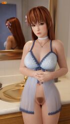 1girls 3d 3d_(artwork) babydoll bathroom blender blue_lingerie bottomless breasts brown_eyes brown_hair choker cleavage dead_or_alive dead_or_alive_5 female female_only female_pubic_hair french_nails hair_flower hair_ornament hairy_pussy highres indoors kasumi_(doa) large_breasts long_hair matching_hair/eyes mirror mirror_reflection navel necklace pubic_hair pussy radianteld red_hair redhead shy solo tecmo