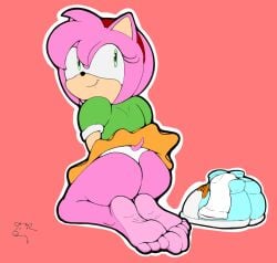 1girls 4_toes amy_rose anthro ass barefoot classic_amy_rose clothed_female clothing dat_ass dummycervine feet female foot_fetish furry hedgehog kneeling kneeling_female looking_back_at_viewer panties sega shoes_removed socks_and_shoes socks_removed soles sonic_(series) sonic_cd sonic_the_hedgehog_(series) toes underwear