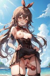 ai_generated amber_(genshin_impact) beach black_lingerie blue_sky brown_eyes brown_hair creamy_pussy cute dress exhibitionism female_ejaculation female_only garter_belt garter_straps genshin_impact legwear light-skinned_female light_skin ocean perky_breasts public_exposure public_nudity public_sex realistic_dildo skirt small_breasts squirting stockings thick_thighs wading