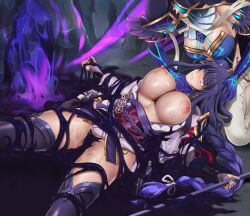 2girls bangs blush bondage braid braided_ponytail breasts breasts_out bridal_gauntlets cleavage clenched_teeth covered_eyes cyclone cyclone_(reizei) defeated fatui_mirror_maiden_(genshin_impact) female female_only female_pubic_hair genshin_impact hair_ornament highres large_breasts long_hair multiple_girls nail_polish nipples pubic_hair purple_eyes purple_hair raiden_shogun rape restrained sidelocks smile sweat teeth thighhighs thighs