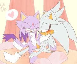 anthro bed blaze_the_cat blush bodily_fluids breasts digital_media_(artwork) duo felid feline female fur furniture genital_fluids genitals heart hi_res imacowolf male male/female mammal nipples nude on_bed open_mouth penetration penis purple_body purple_fur pussy sega sex silver_the_hedgehog smile sonic_(series) sonic_the_hedgehog_(series) vaginal_penetration