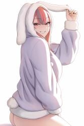 1girls animal_hood ass azur_lane bangs blush breasts bremerton_(azur_lane) bunny_hood bunny_hoodie eagle_union_(azur_lane) fake_animal_ears fake_rabbit_ears female female_focus from_behind highres hoodie large_breasts light-skinned_female light_skin long_sleeves looking_at_viewer looking_back lvl_(sentrythe2310) mole_under_eye multicolored_hair no_panties red_eyes red_hair simple_background smile streaked_hair thighs two-tone_hair white_background