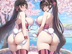 2girls ass atago_(azur_lane) azur_lane breasts brown_hair bunny_ears bunny_girl bunnysuit dat_ass female heart_hands highleg_leotard huge_ass huge_breasts leotard light-skinned_female light_skin long_hair outdoors sisters stockings studiopokotan takao_(azur_lane) thick_thighs wedgie wide_hips