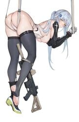 1girls aqua_hair ass bent_over breasts girls'_frontline gun hanging_breasts hk416_(girls'_frontline) iuui long_hair medium_breasts solo standing stirrup_legwear thighhighs topless twintails weapon westking white_hair