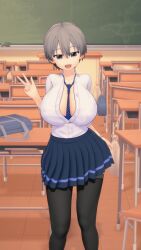 1girls 3d animated blue_eyes bouncing_breasts breasts cleavage dancing giddora grey_hair huge_breasts koikatsu looking_at_viewer microskirt necktie necktie_between_breasts nipples_visible_through_clothing open_mouth open_shirt school_uniform short_hair shortstack skirt smile stockings swaying thick_thighs thighs unbuttoned unbuttoned_shirt uzaki-chan_wa_asobitai! uzaki_hana v wide_hips