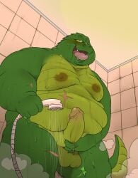 2023 anthro balls bathing belly big_belly crocodile crocodilian crocodylid detailed_background erection genitals green_body hi_res humanoid_genitalia humanoid_hands humanoid_penis kemono male moobs nipples overweight overweight_male penis qqmelon888 reptile scalie scar solo