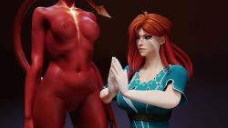 2girls 3d abs awe blender breasts desess3intes dota_2 green_eyes praying pussy queen_of_pain red_hair red_skin standing succubus succubus_tail tail windranger