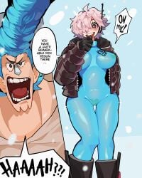 1boy 1girls absurd_res bodysuit bodysuit_and_jacket bodysuit_under_clothes boots breasts clothing cyborg diforland female franky hair_over_one_eye heart hi_res hips jacket male one_piece open_mouth pasties penis_awe see-through shiny_clothes short_hair snow speech_bubble standing text thick_thighs thigh_gap vegapunk_lilith