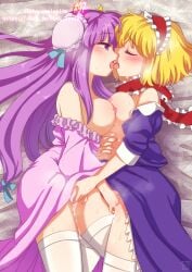 2girls alice_margatroid artist_name asymmetrical_docking bed blonde_hair blush bon_(rump) breast_press breasts closed_eyes commission dress female_pubic_hair fingering french_kiss hair_bun hairband highres kissing long_hair looking_at_another medium_breasts multiple_girls mutual_fingering mutual_masturbation nipples patchouli_knowledge pubic_hair purple_eyes purple_hair saliva short_hair skeb_commission sweat thighhighs tongue touhou yuri