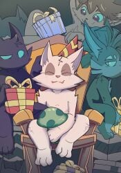 anthro blue_body blue_fur brown_hair closed_eyes covering covering_crotch fur gift group hair hi_res kennen league_of_legends male male/male mammal mohawk mousesix no_irises nude purple_body purple_fur riot_games rumble_(lol) tan_body tan_fur teemo veigar yordle