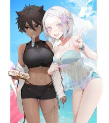 2girls albino bikini black_eyes black_hair blue_nails blue_sky blush breasts cleavage cloud couple dark-skinned_female day earrings female food hair_between_eyes hair_flower hair_ornament highres jewelry large_breasts light-skinned_female looking_at_viewer medium_breasts micchan_(ohisashiburi) nacchan_(ohisashiburi) nail_polish navel off_shoulder ohisashiburi original original_character original_characters outdoors painted_nails peace_sign pink_eyes see-through short_hair sidelocks sky smile swimsuit tomboy v v_sign very_short_hair water white_hair yuri