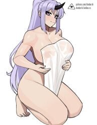 1girls big_breasts donburikazoku female female_only horn kneeling long_hair looking_at_viewer nude nude_female oni oni_horns ponytail purple_eyes purple_hair shion_(tensei_shitara_slime_datta_ken) smiling smiling_at_viewer solo tensei_shitara_slime_datta_ken towel towel_only towel_over_breasts very_high_resolution white_background