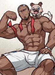 1boy 1pokemon blue_eyes brown_eyes bulge dark-skinned_male dark_penis dark_skin first_porn_of_character flexing kuroshinki looking_at_viewer male male_only melanin murdock_(pokemon) muscles muscular muscular_male pokémon_(species) pokemon pokemon_(anime) pokemon_horizons rockruff shirtless_male smooth_chest smooth_skin