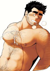 1boy arm_hair arms_behind_back bara blush borrowed_character character_request chest_hair completely_nude cum cum_on_body cum_on_boy cum_on_pectorals hairy heavy_breathing implied_yaoi large_pectorals male_focus male_pubic_hair mature_male muscular muscular_male navel_hair nipples norijaga nude on_chair one_eye_closed original pectorals pubic_hair short_hair sideburns solo spiked_hair stomach thick_eyebrows upper_body