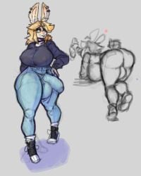 1futa anthro ass backsack balls bent_over big_balls big_breasts big_butt big_penis blonde_hair bottomwear breasts bulge clothed clothing denim denim_clothing detailed_bulge ear_piercing fully_clothed fur furry futa_only futanari genital_outline genitals gynomorph hair hi_res huge_balls huge_breasts huge_cock intersex jeans lagomorph leporid mammal nipple_outline pants penis penis_outline piercing presenting presenting_hindquarters rabbit shirt slorp_art solo standing thick_thighs topwear white_body white_fur wide_hips